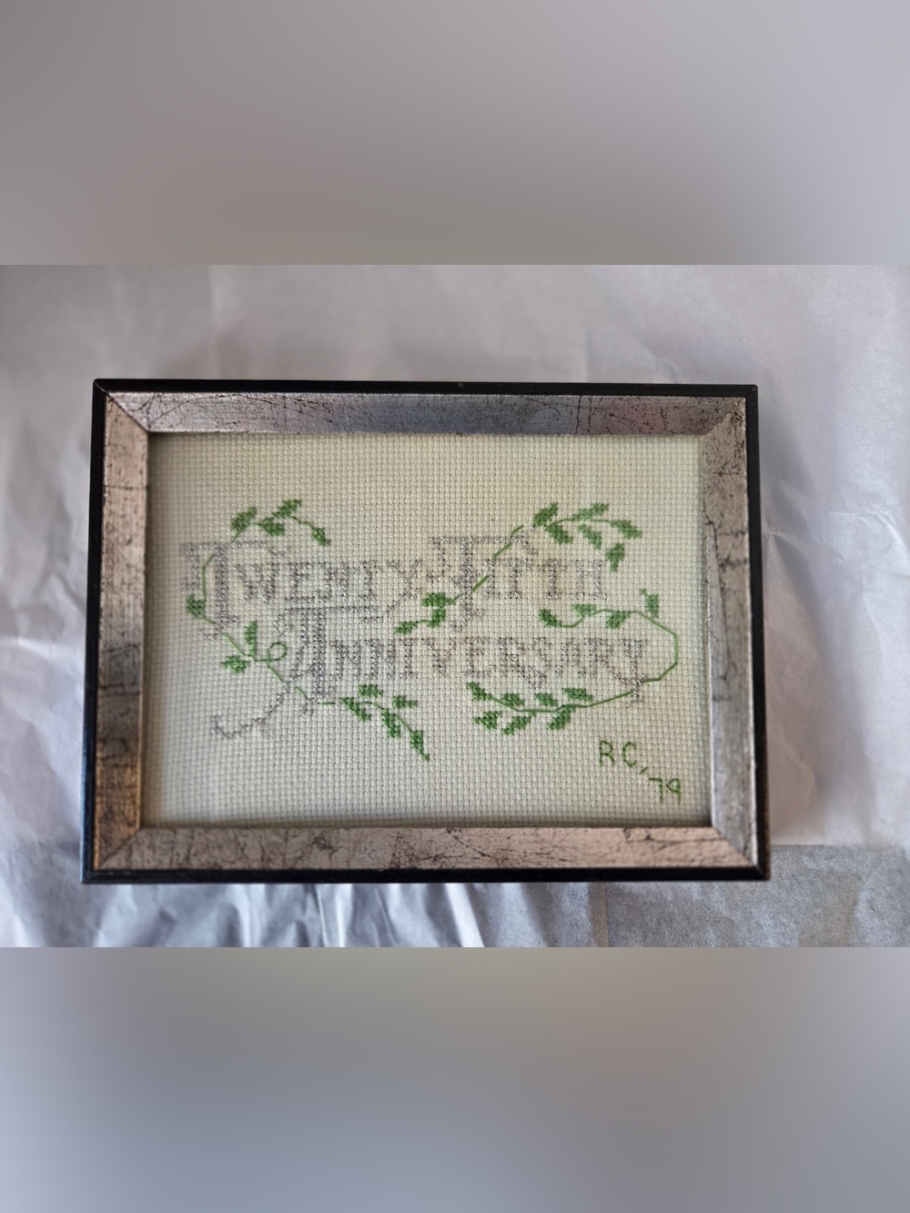 Vintage 25th Anniversary Cross Stitch Finished Framed Gift Handmade